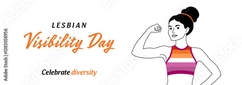 Lesbian Visibility Day, 26th of April. A woman with a flexed arm symbolizes strength—the crayon vector hand-drawn banner in the colors of the lesbian flag. Celebrate diversity holiday.	