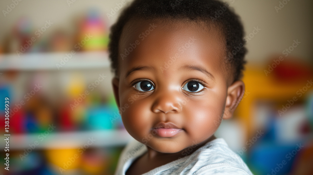 Curious baby boy exploring his nursery, surrounded by colorful toys. Innocence and wonder in early childhood discovery. Curious baby boy exploring his nursery, surrounded by colorful toys. Innocence and wonder in early childhood discovery.