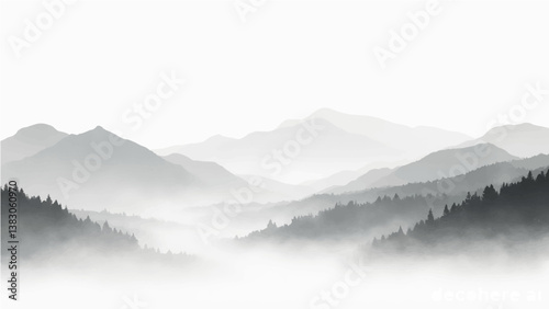 Create a vector illustration of a minimalist grayscale mountain landscape. The image should have soft gradients and a layered effect to depict depth, with distant mountains appearing lighter and more 