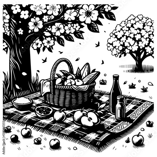 Vintage Picnic Basket and Setting Circle Silhouette. Classic Black and White Motif