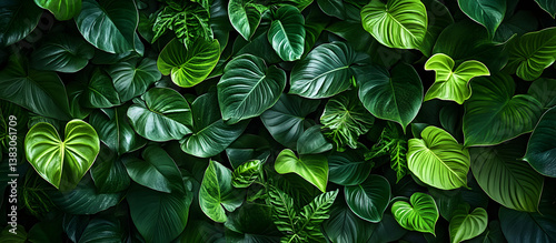 Dark green plants growing in a lush foliage background of tropical leaves like anthurium, epiphytes, or ferns, forming a beautiful green plant wall design in a cloud forest.