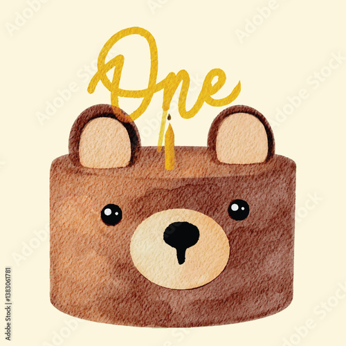 Watercolor illustration of a first birthday cake shaped like a bear's face