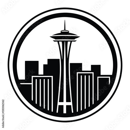 Iconic Seattle Cityscape in Black Outline Style