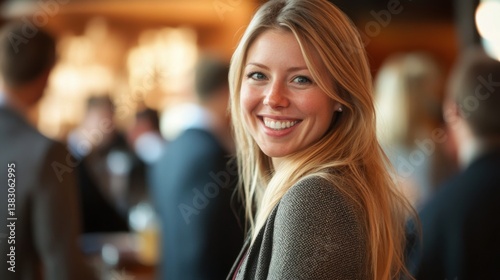 Smiling woman in a jacket at a networking event, surrounded by colleagues. The woman is a professional who is happy to be there.