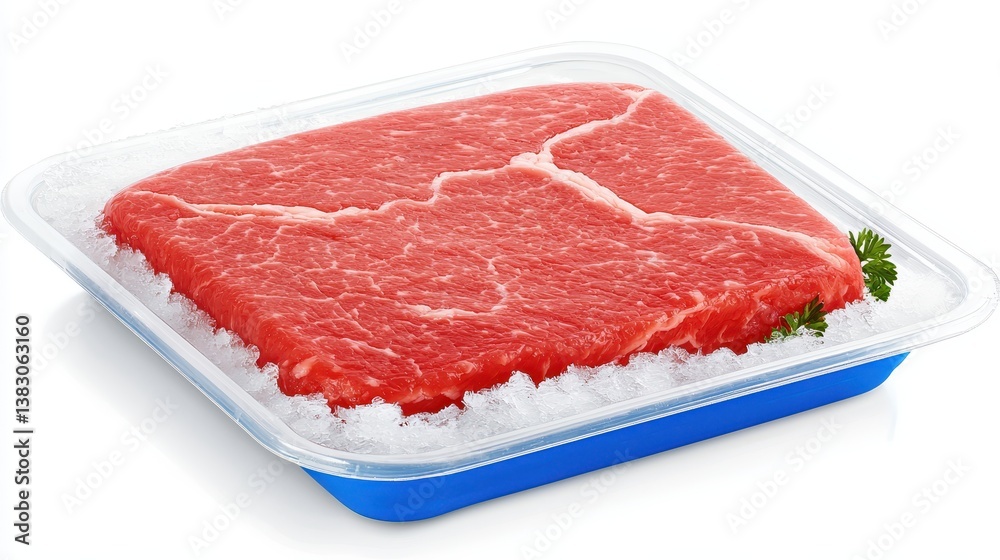 Fresh Raw Beef Steak on Ice in Tray for Culinary Preparation Fresh Raw Beef Steak on Ice in Tray for Culinary Preparation