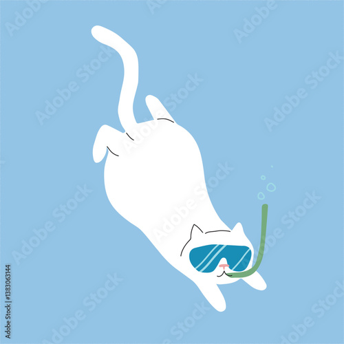 summer beach vibe cat png vector illustration on transparent background. cute cartoon white cat on holiday at the seaside. hand drawn vacation cat clip art scuba diving snorkelling