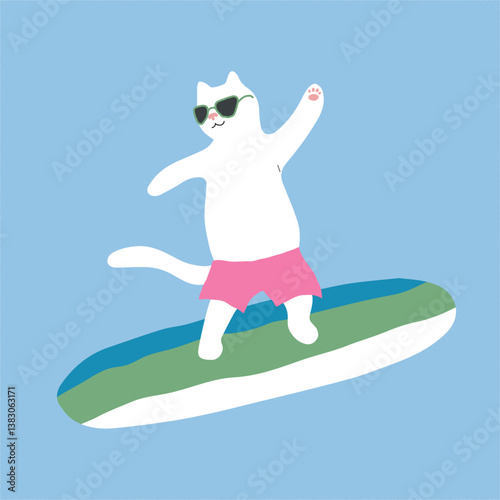 summer beach vibe cat png vector illustration on transparent background. cute cartoon white cat on holiday at the seaside. hand drawn vacation cat clip art surfing