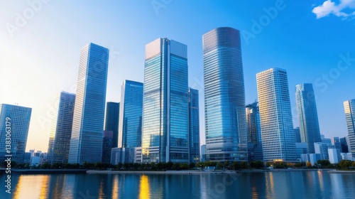 A stunning skyline view of modern skyscrapers reflecting on water, showcasing architectural innovation and urban development under a clear blue sky.