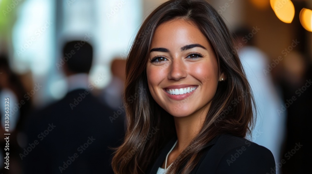 Smiling professional woman in a jacket posing in a business environment, creating a positive and confident impression.