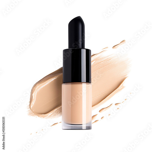 Foundation bottle with beige liquid makeup swatch on a transparent background Concept of beauty, cosmetics, skincare, and flawless complexion