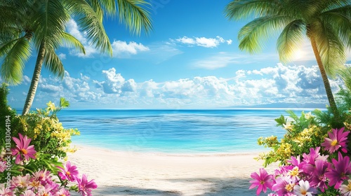 Fototapeta Naklejka Na Ścianę i Meble -  Tropical beach paradise wallpaper with palm trees, ocean view, and flowers for desktop background art
