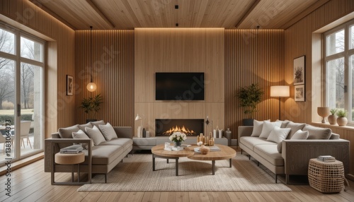 Modern Minimalist Living Room with Wooden Walls and Fireplace