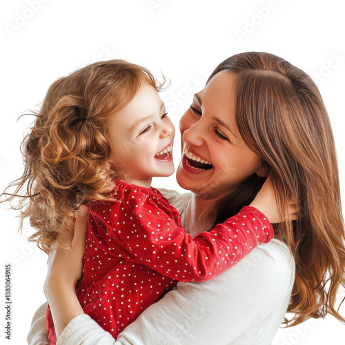 A mother holding her daughter who is wearing a red polka dot shirt and they are both laughing happily