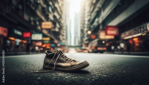 A lone abandoned shoe in a busy street