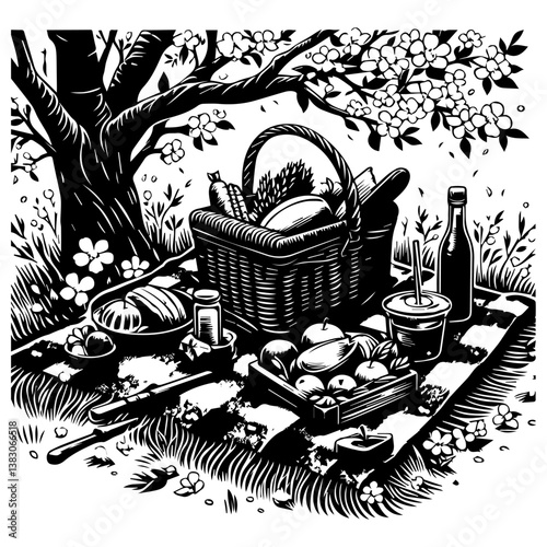 Monochrome Picnic Basket and Food Illustration. Vintage Black and White Art