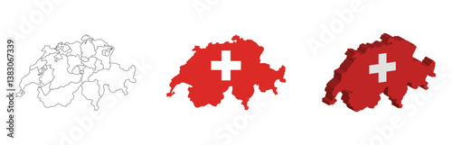 Switzerland outline, fill with flag and 3d map
