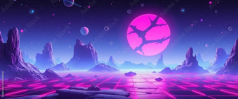Fototapeta premium Abstract Background Retro Futuristic Alien Landscape: Neon Glow Under a Cracked Pink Moon Texture Wallpaper Background
