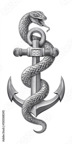 The snake tattoo is wrapped around an anchor. The snake is coiled around the anchor, creating a unique and intricate design.