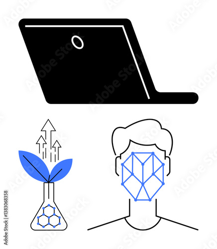 Minimalist design featuring a laptop symbolizing technology, a human head with AI-inspired patterns denoting artificial intelligence, and a plant in a flask representing sustainable development