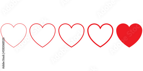 set of hearts in red colour with different stoke, Red heart icons set. Set of 5 hearts of different shapes for web, heart collection. vector symbols.