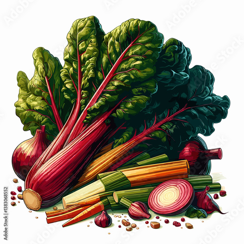 Fresh chard and root vegetables arrangement, colorful display, healthy food concept, copy space