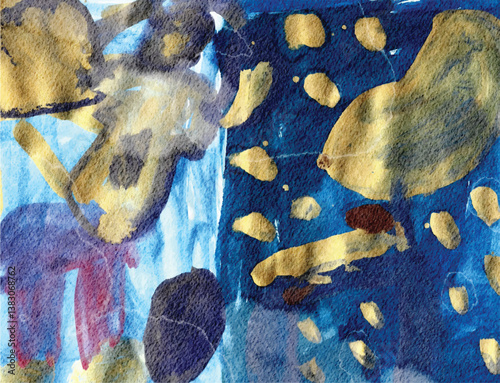 An abstract illustration featuring blended washes of blue, beige, and gold with textured elements