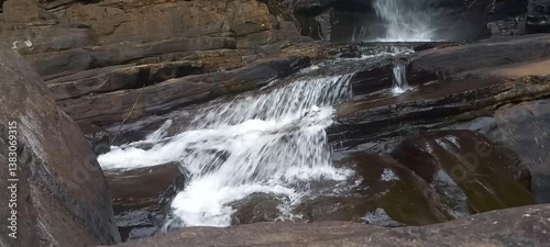 Cascading of freshwater steam, waterfall in tropical landscape and natural ecosystem in Sri Lanka
