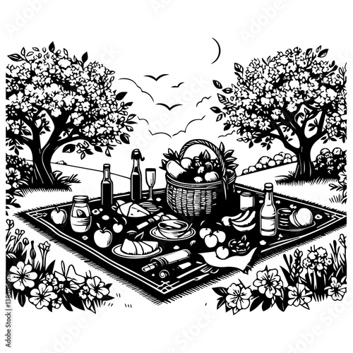 Monochrome Picnic Basket and Food Illustration. Vintage Black and White Art