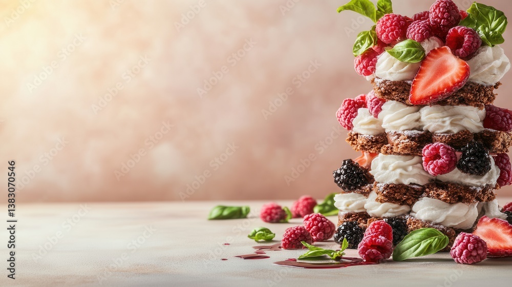 A delectable high-tech AI-generated visualization of a stacked dessert featu chocolate, cream, raspberries, strawberries, and blackberries, artfully arranged for an appetizing