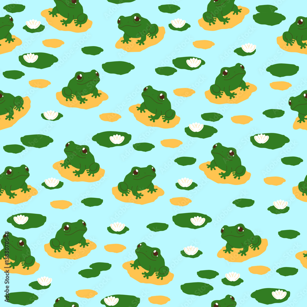 Seamless vector pattern with cute green frogs in pond with lily pads, simple flat illustration for kids, fabric wallpaper, textile surface spring summer nature animal theme, amphibian water plants