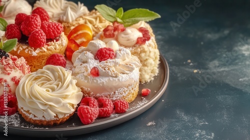 Indue in a delectable array of farm-to-table luxury desserts; exquisitely crafted mini cakes adorned with fresh raspberries, pomegranate seeds, and delicate meue swirls,