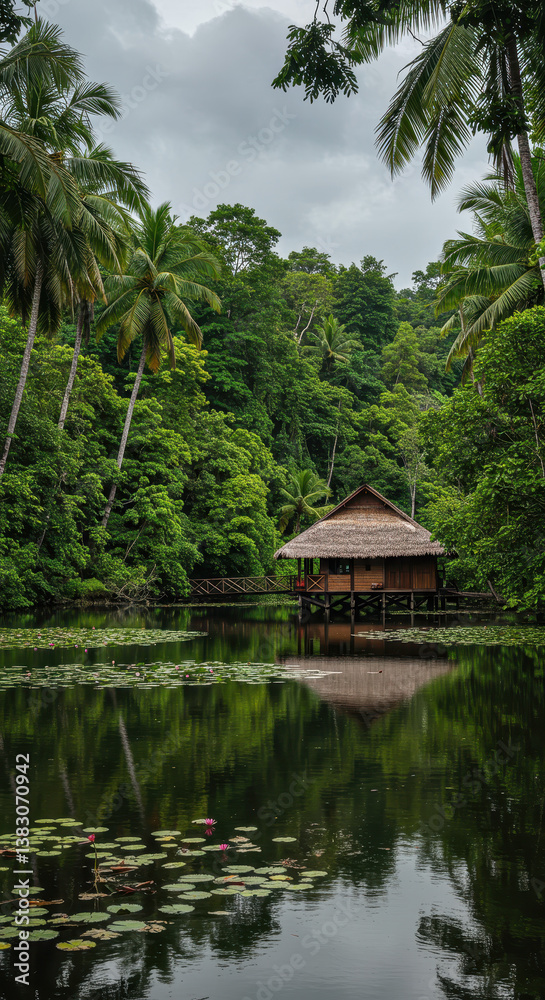 Tranquil Tropical Retreat: Overwater Bungalow in Lush Jungle Paradise with Lily Pads & Reflections Tranquil Tropical Retreat: Overwater Bungalow in Lush Jungle Paradise with Lily Pads & Reflections