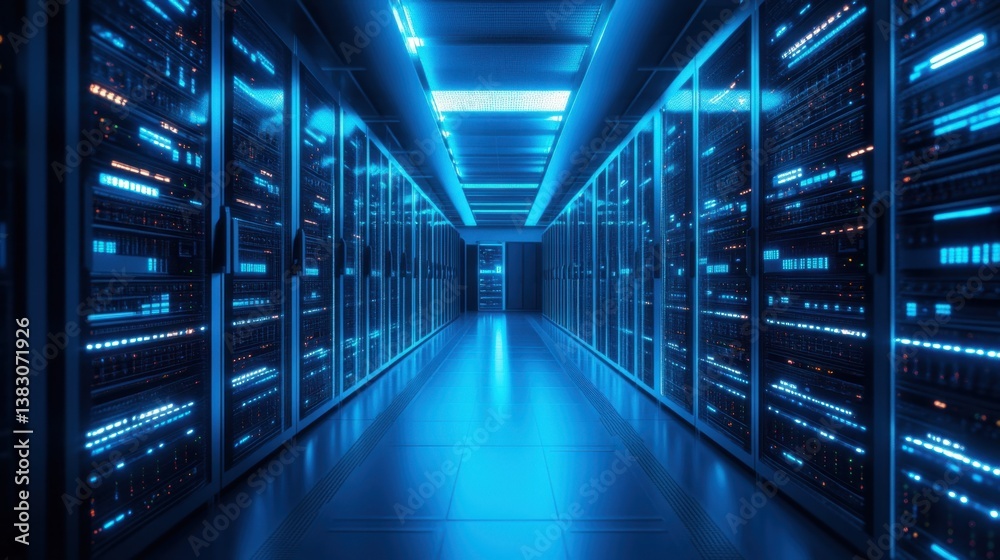 A high-tech server room glowing with blue LED lights and digital displays. A high-tech server room glowing with blue LED lights and digital displays.