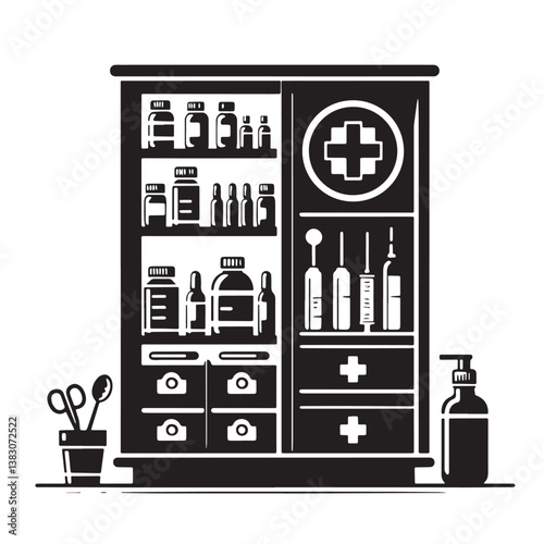 Black Color Medicine Cabinet Silhouette Vector Illustration, Solid White Background