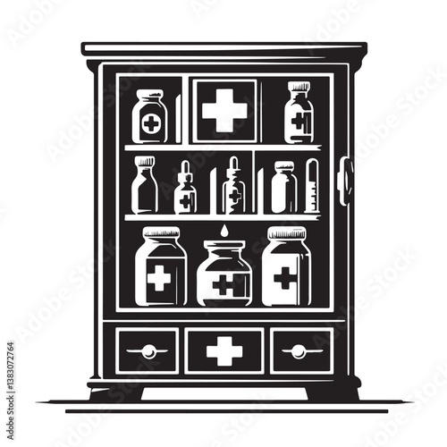 Black Color Medicine Cabinet Silhouette Vector Illustration, Solid White Background