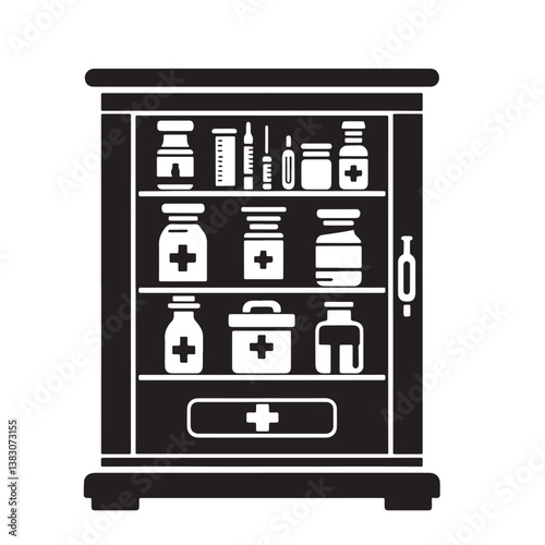 Black Color Medicine Cabinet Silhouette Vector Illustration, Solid White Background