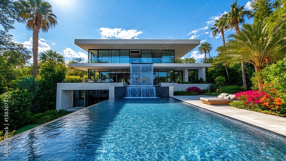 Fototapeta premium Luxury Modern Mansion with Infinity Pool and Summer Garden
