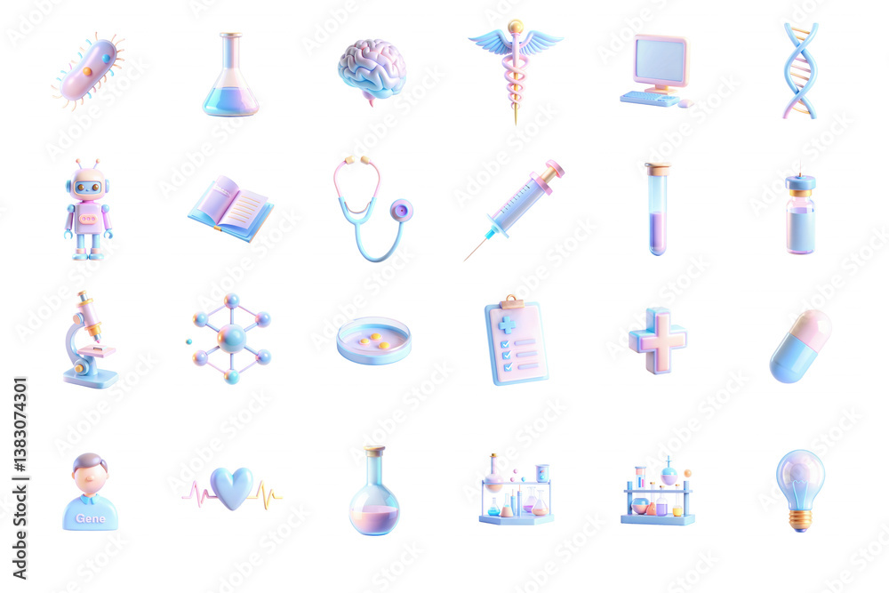 A vibrant set of 3D rendered icons depicting scientific and medical themes, showcasing elements like flasks, books, and syringes. A vibrant set of 3D rendered icons depicting scientific and medical themes, showcasing elements like flasks, books, and syringes.