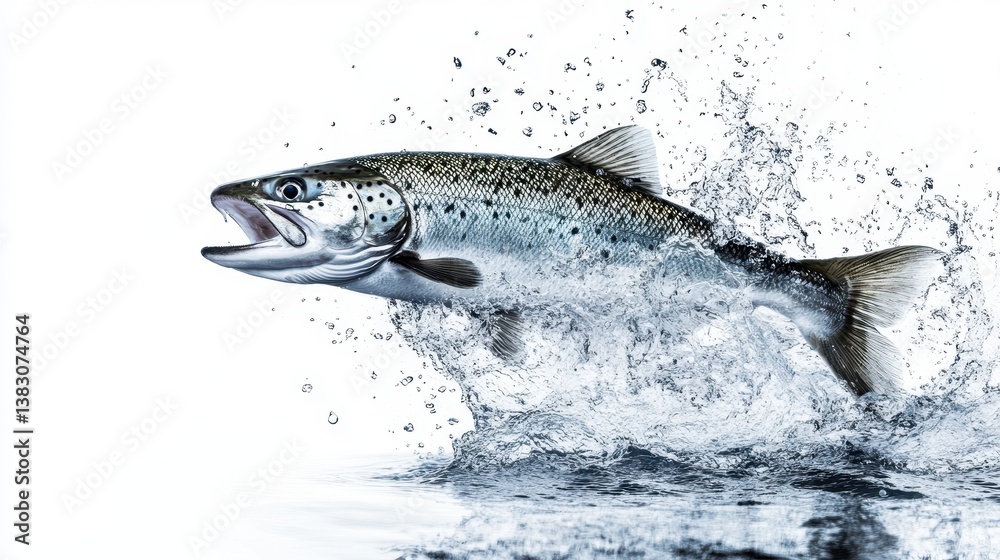 Obraz premium A fish with a splash jumps out of the water, isolated on a white background.