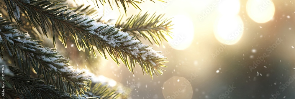 Snowy pine branch bathed in sunlight