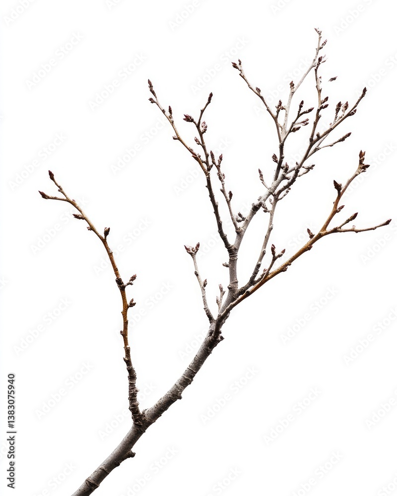 Isolated Tree Branch with Buds Signifying Spring and New Beginnings Isolated Tree Branch with Buds Signifying Spring and New Beginnings