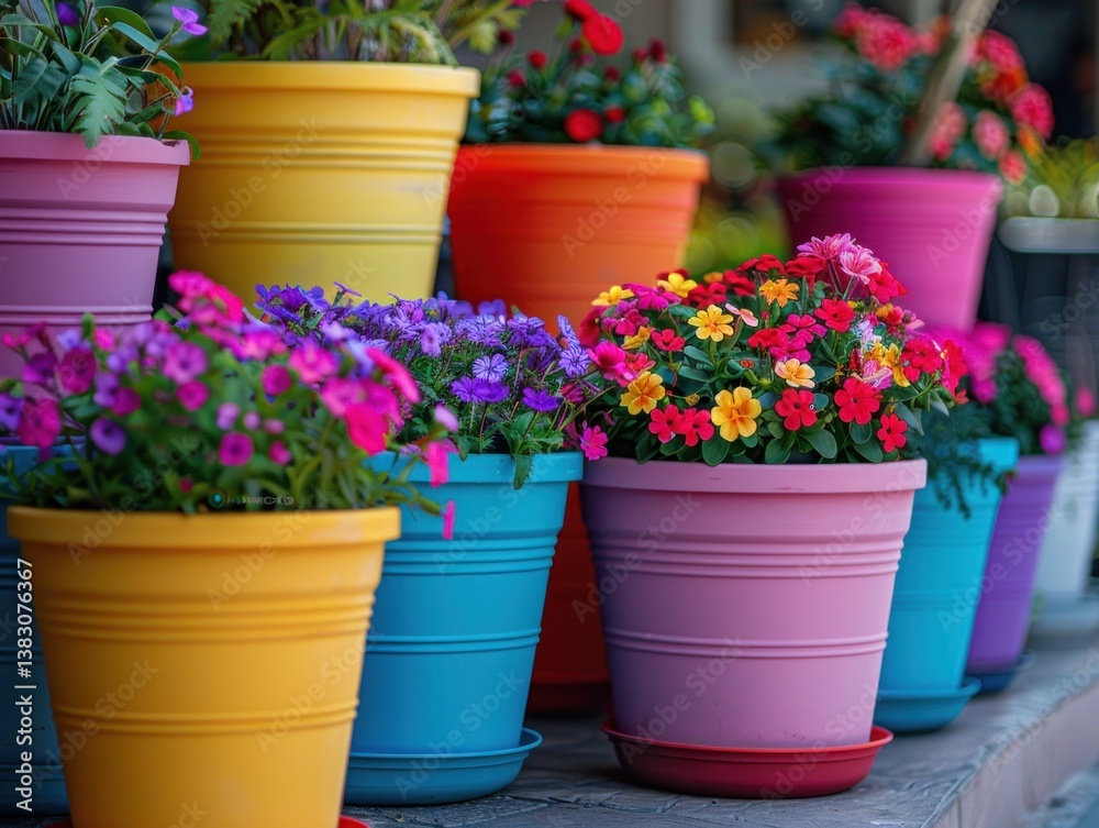 Colorful flower pots with vibrant blooms on a sidewalk Colorful flower pots with vibrant blooms on a sidewalk