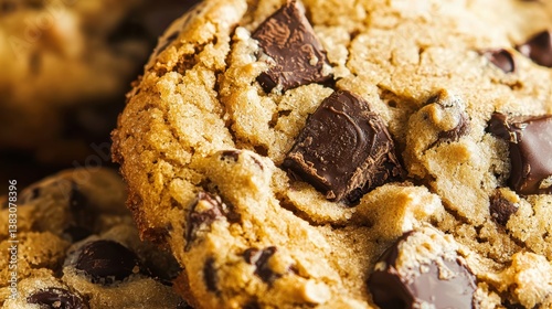 Close-up of two golden-brown chocolate chip cookies showcasing delicious texture and dark chocolate chunks in appetizing detail and vibrant color