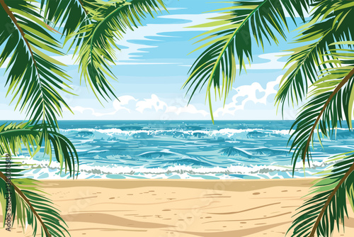 Sunny day on a tropical beach. Big rocks. Calm waves. Clear sky. Bright warm colors. The beauty of the sea. Seascape, work of art. Vector illustration design