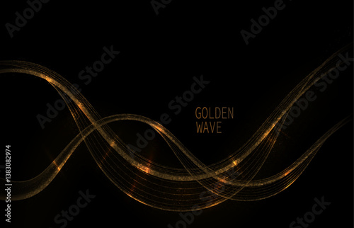 Isolated design element, wavy illustration of golden color with sparkling tinsel on black background.