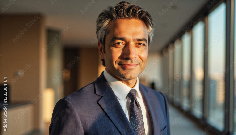 Fototapeta premium Modern portrait headshot of a friendly ceo executive business worker: A confident, middle-aged man with graying hair smiles warmly at the camera while wearing a dark navy suit and tie in a modern of