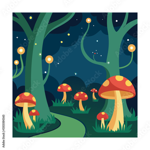 Enchanting Night Forest Path with Magical Mushrooms