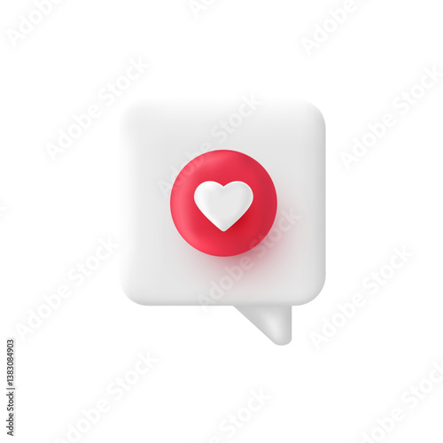 3d like icon. Social media love emoji. Speech bubble symbol. Heart button reaction. Feedback concept. Vote post, promotion communication. Comment button. Notification live stream. Vector illustration
