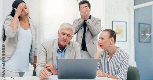 Slika na platnu Fail, laptop or team of business people with financial problem, investment loss or economy crisis