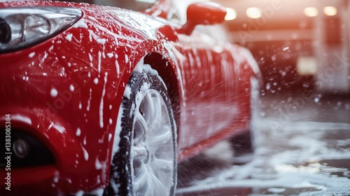 A vivid close-up captures soapy water cascading down the gleaming surface of a red car as a high-pressure hose sprays, highlighting the shine of a thorough wash.

